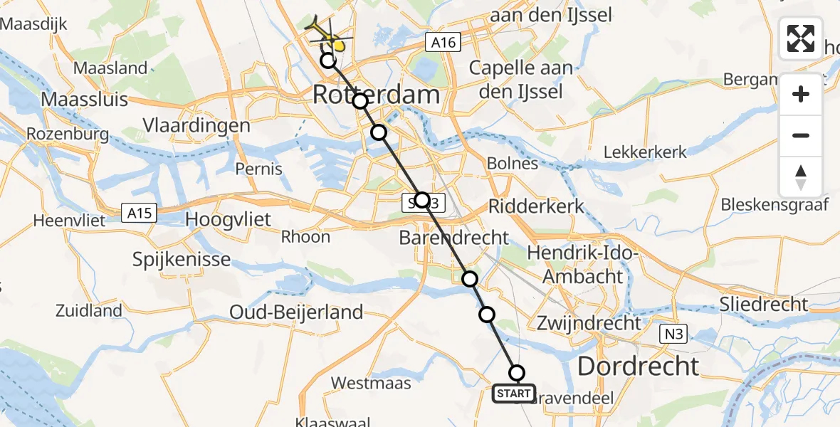 Routekaart van de vlucht: Lifeliner 2 naar Rotterdam The Hague Airport, Ringdijkwatering