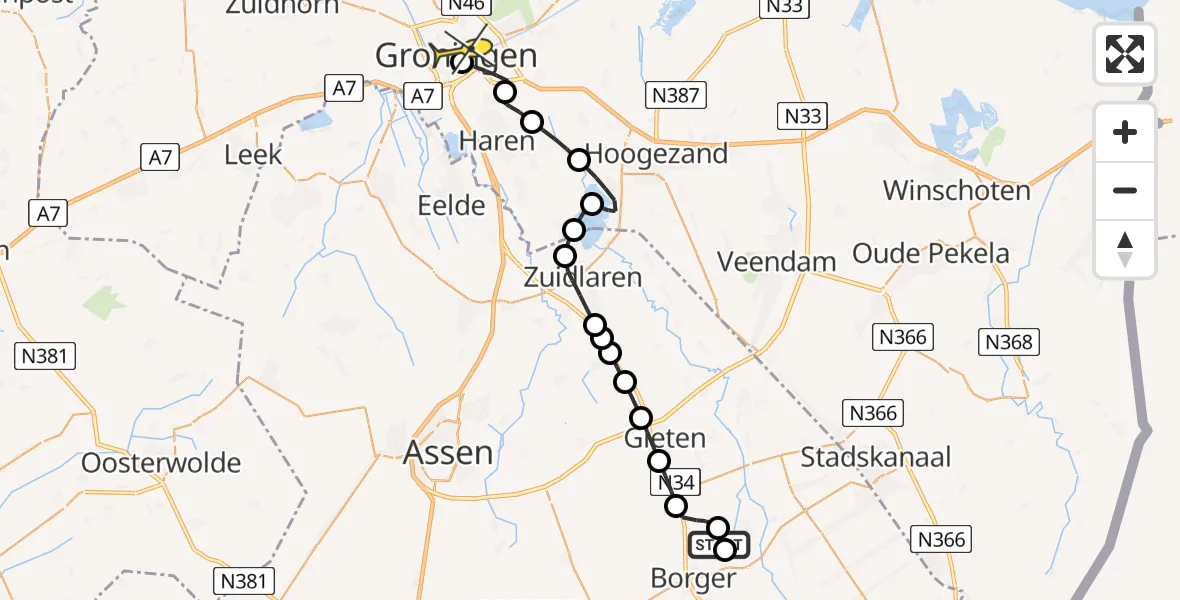 Routekaart van de vlucht: Lifeliner 4 naar Universitair Medisch Centrum Groningen, Hofakkersweg