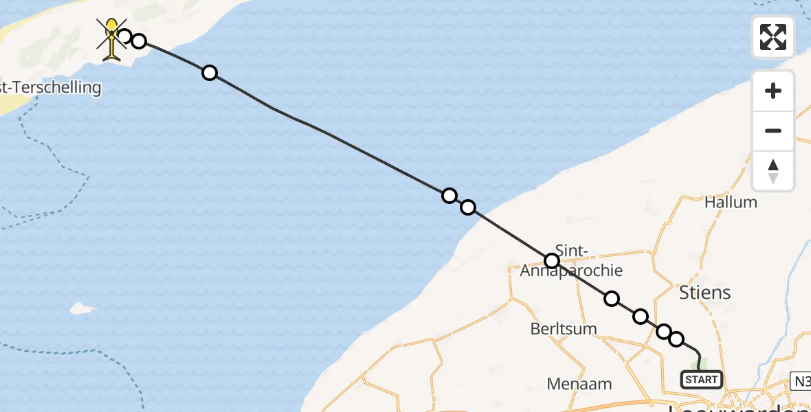 Routekaart van de vlucht: Ambulancehelikopter naar Midsland, Keegsdijkje