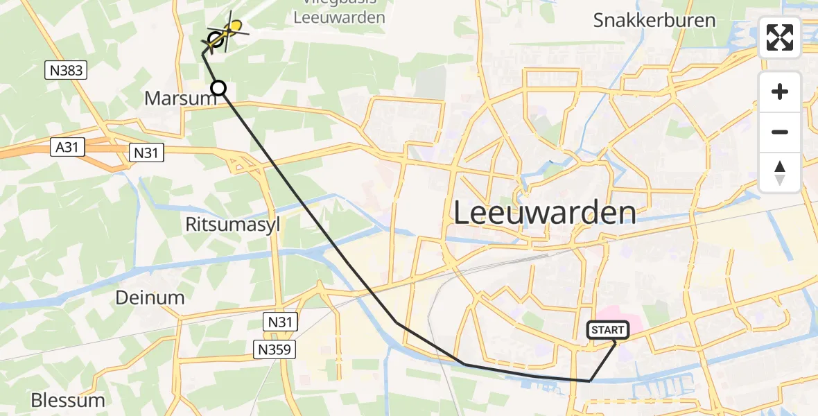 Routekaart van de vlucht: Ambulanceheli naar Leeuwarden, Nijlânsdyk