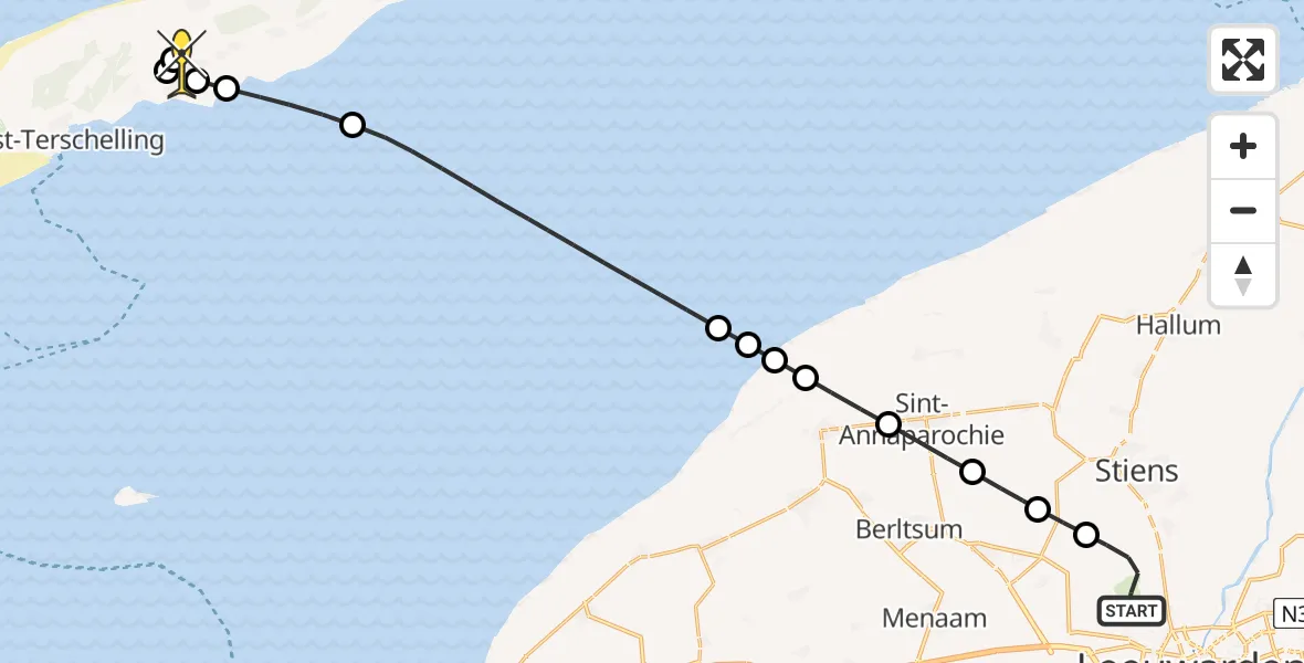 Routekaart van de vlucht: Ambulancehelikopter naar Midsland, Keegsdijkje
