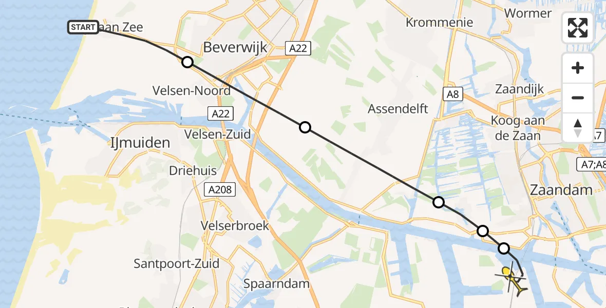 Routekaart van de vlucht: Lifeliner 1 naar Amsterdam Heliport, Julianaweg