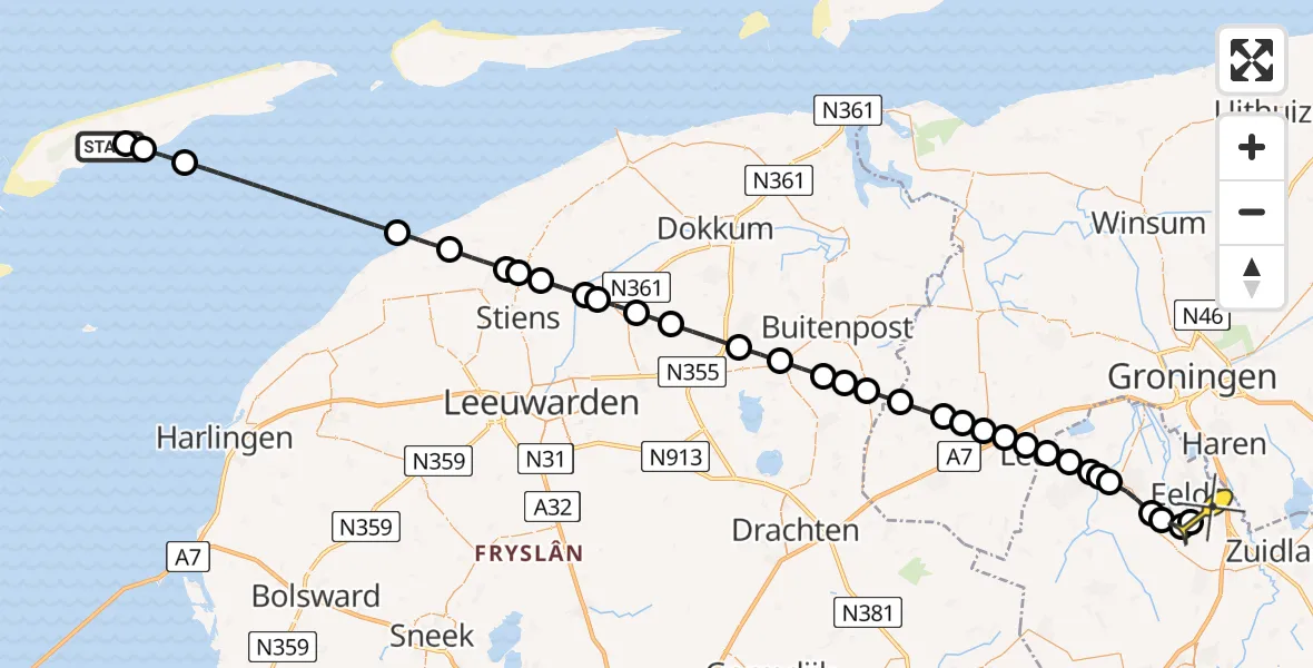 Routekaart van de vlucht: Ambulanceheli naar Groningen Airport Eelde, Landerum