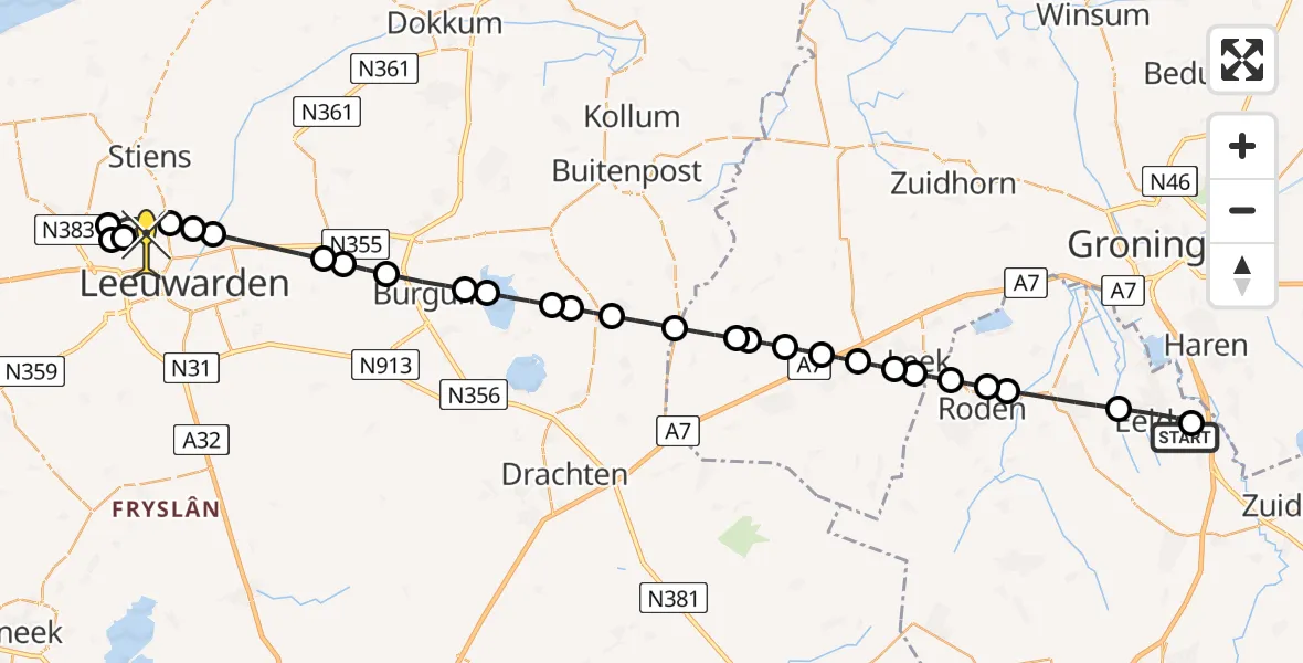 Routekaart van de vlucht: Ambulanceheli naar Vliegbasis Leeuwarden, Burgemeester J.G. Legroweg