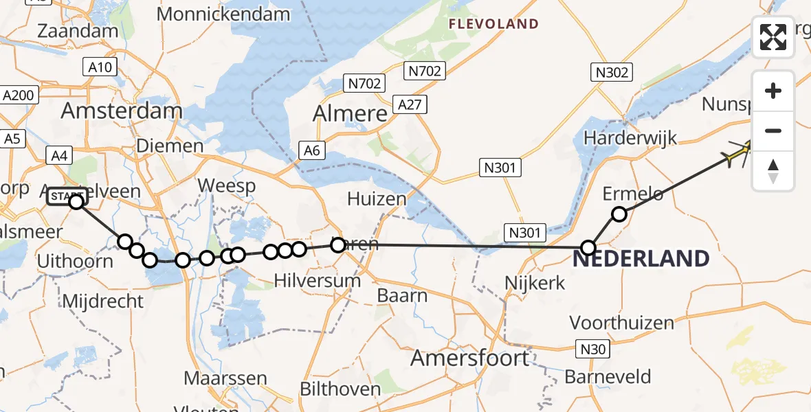 Routekaart van de vlucht: Politieheli naar Vierhouten, Legmeerdijk