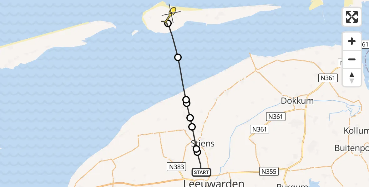Routekaart van de vlucht: Ambulancehelikopter naar Ameland Airport Ballum, Keegsdijkje
