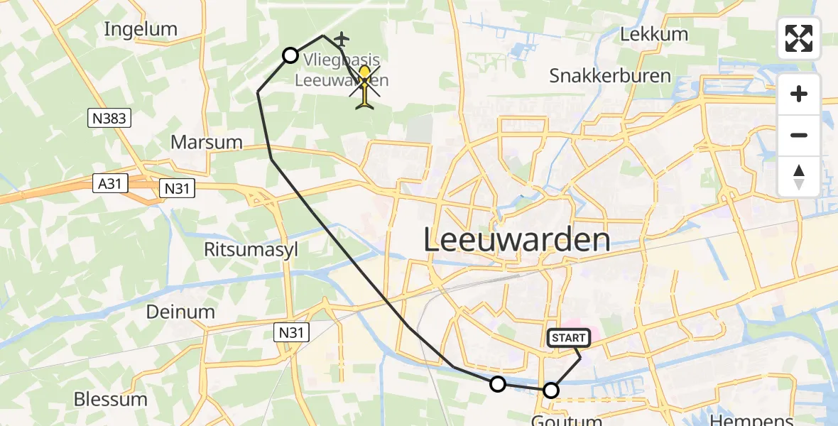 Routekaart van de vlucht: Ambulancehelikopter naar Vliegbasis Leeuwarden, Wite Finne