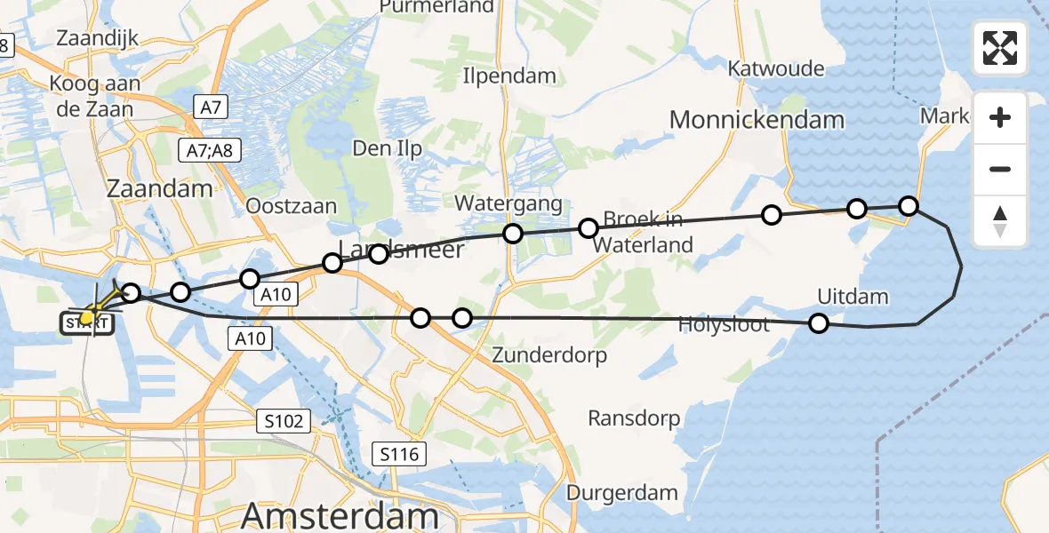 Routekaart van de vlucht: Lifeliner 1 naar Amsterdam Heliport, Hemweg