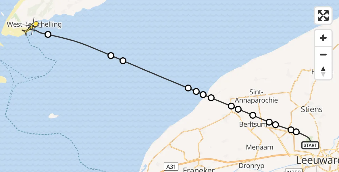 Routekaart van de vlucht: Ambulanceheli naar West-Terschelling, Buitengebied Noordwest