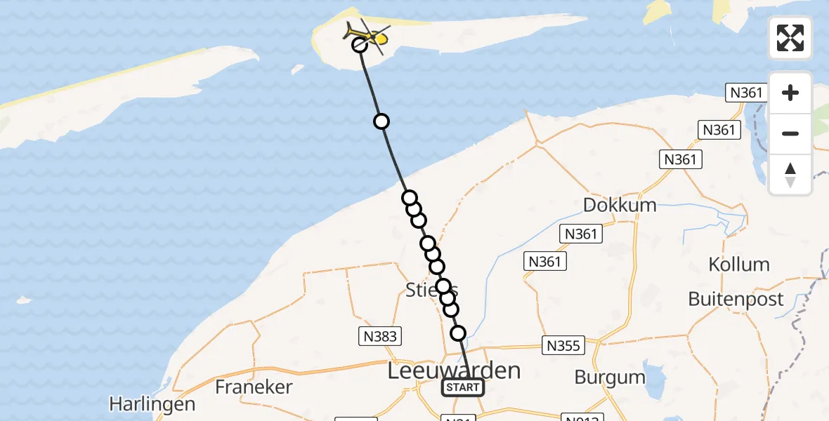 Routekaart van de vlucht: Ambulancehelikopter naar Ameland Airport Ballum, Potmargepaad