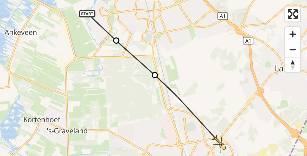 Routekaart van de vlucht: Politieheli naar Hilversum, Kleine Johanneslaan