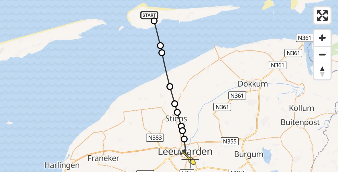Routekaart van de vlucht: Ambulanceheli naar Leeuwarden, Ballumermieden