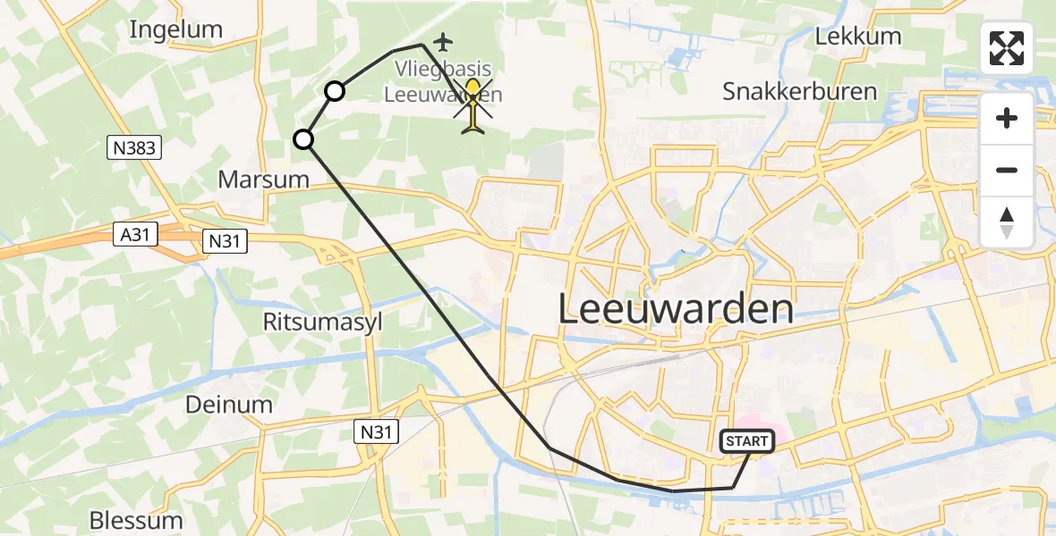 Routekaart van de vlucht: Ambulanceheli naar Vliegbasis Leeuwarden, Nijlânsdyk