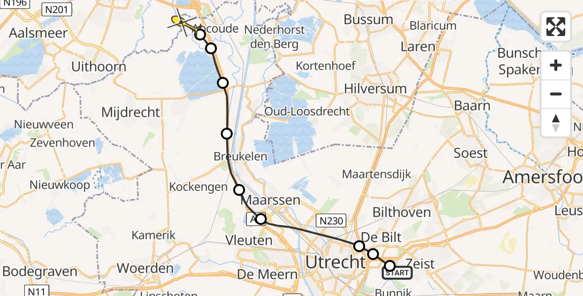 Routekaart van de vlucht: Politieheli naar Abcoude, Heidelberglaan