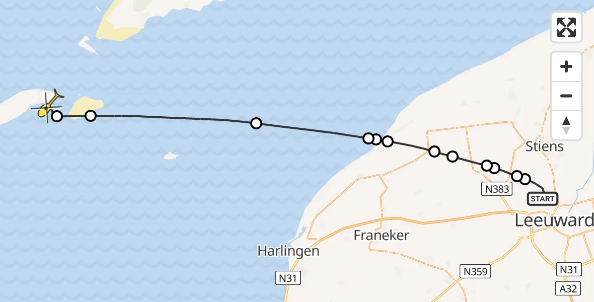 Routekaart van de vlucht: Ambulanceheli naar Vlieland Heliport, Keegsdijkje