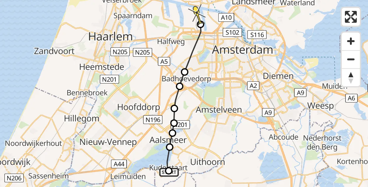 Routekaart van de vlucht: Lifeliner 1 naar Amsterdam Heliport, Kudelstaartseweg