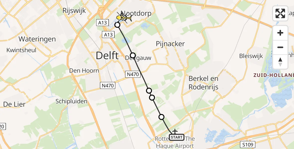 Routekaart van de vlucht: Lifeliner 2 naar Nootdorp, Schieveense polder