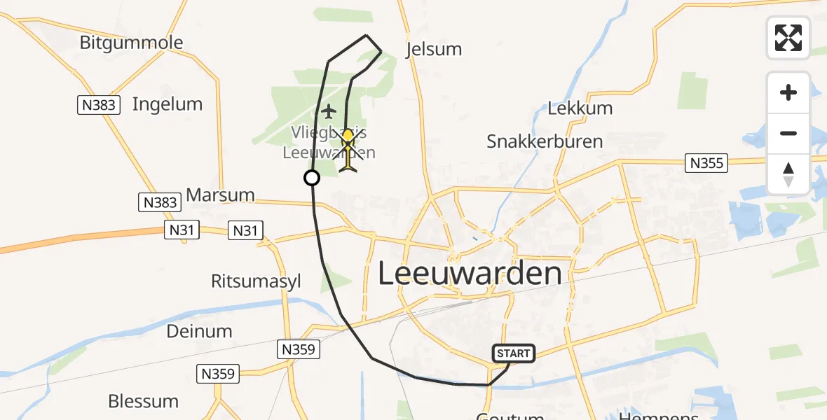 Routekaart van de vlucht: Ambulancehelikopter naar Vliegbasis Leeuwarden, Nijlânsdyk