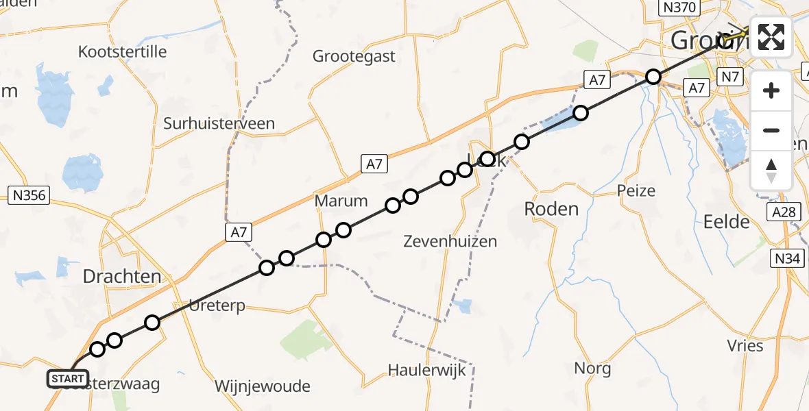 Routekaart van de vlucht: Lifeliner 4 naar Universitair Medisch Centrum Groningen, It Mear