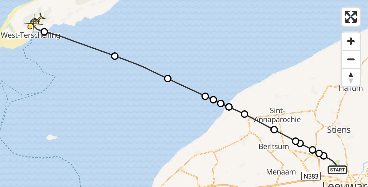 Routekaart van de vlucht: Ambulanceheli naar West-Terschelling, Buitengebied Noordwest