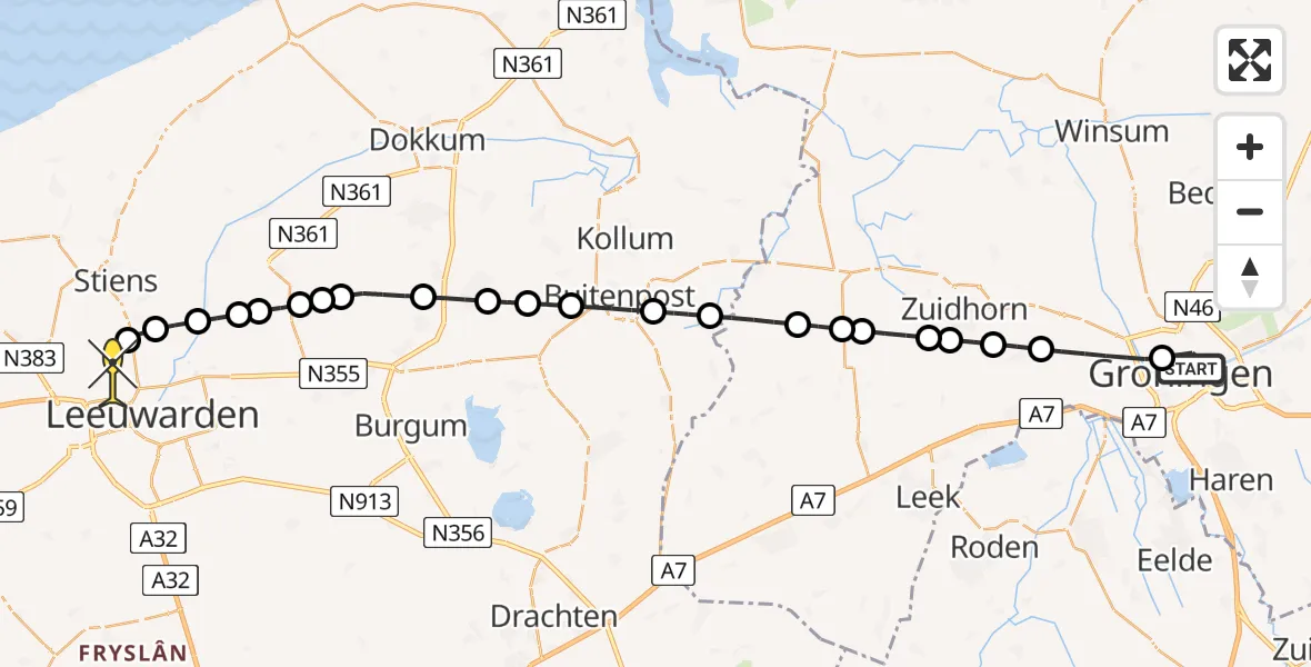 Routekaart van de vlucht: Ambulanceheli naar Vliegbasis Leeuwarden, Zaagmuldersweg