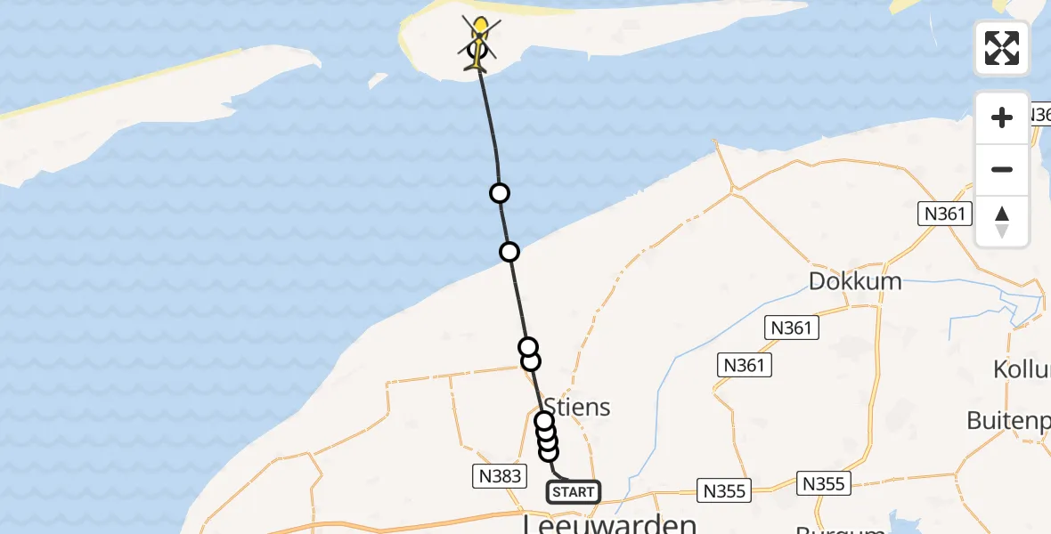 Routekaart van de vlucht: Ambulancehelikopter naar Ameland Airport Ballum, Keegsdijkje