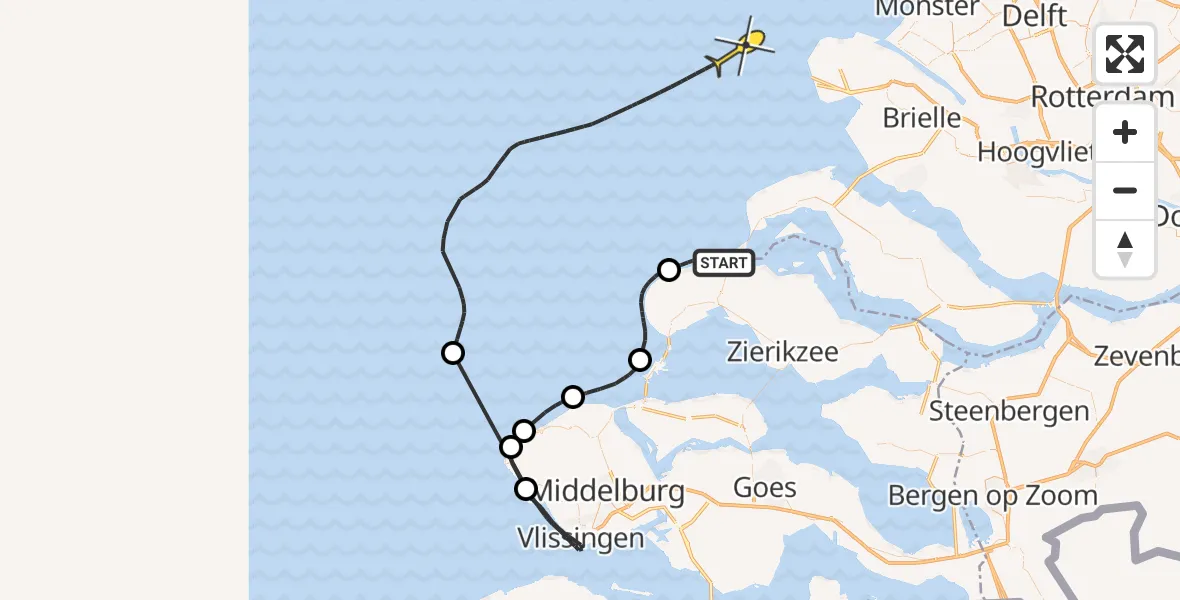Routekaart van de vlucht: Politieheli naar Strand Renesse-Oost