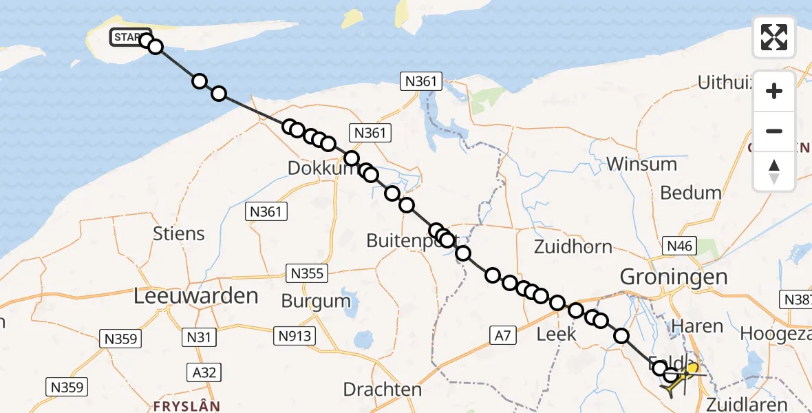 Routekaart van de vlucht: Ambulancehelikopter naar Groningen Airport Eelde, Ballumerduun