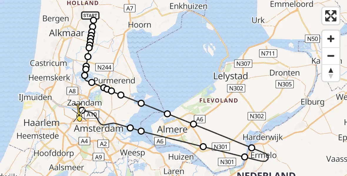 Routekaart van de vlucht: Lifeliner 1 naar Amsterdam Heliport, Boterbloem erf