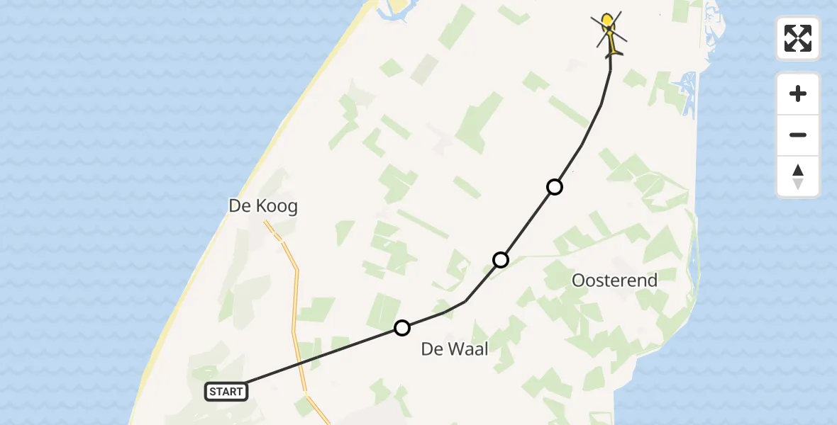 Routekaart van de vlucht: Politiehelikopter naar De Cocksdorp, Nieuwlanderweg