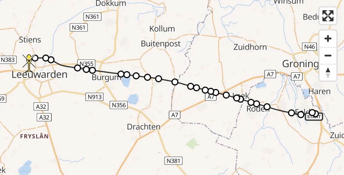 Routekaart van de vlucht: Ambulanceheli naar Vliegbasis Leeuwarden, Machlaan