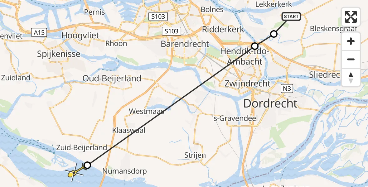 Routekaart van de vlucht: Politiehelikopter naar Zuid-Beijerland, Kortland