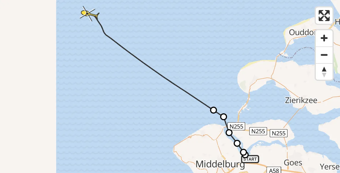 Routekaart van de vlucht: Kustwachthelikopter naar Lamsoor