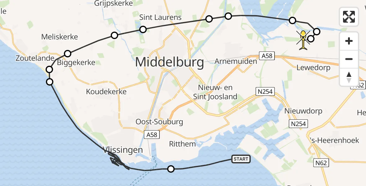 Routekaart van de vlucht: Kustwachthelikopter naar Vliegveld Midden-Zeeland, Glooiing