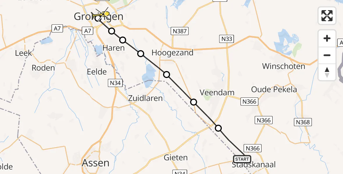 Routekaart van de vlucht: Lifeliner 4 naar Universitair Medisch Centrum Groningen, Bio-Energie Stadskanaal