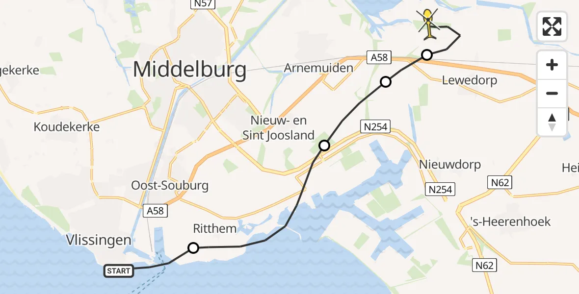Routekaart van de vlucht: Politieheli naar Vliegveld Midden-Zeeland, Groene Boulevard