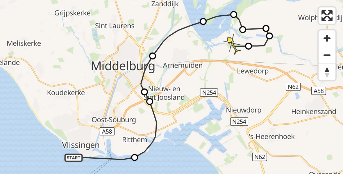 Routekaart van de vlucht: Politieheli naar Vliegveld Midden-Zeeland, Fort De Ruyterweg