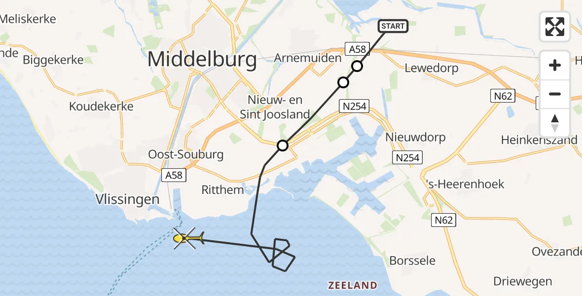 Routekaart van de vlucht: Kustwachthelikopter naar Vlissingen, Postweg