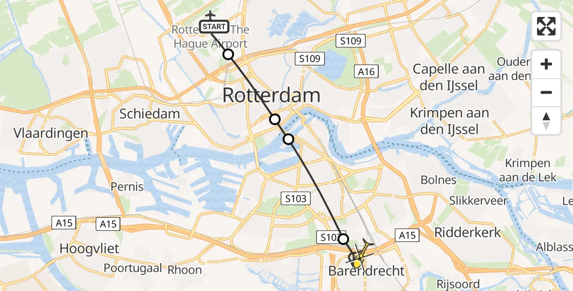 Routekaart van de vlucht: Lifeliner 2 naar Barendrecht, Overschiese Kleiweg