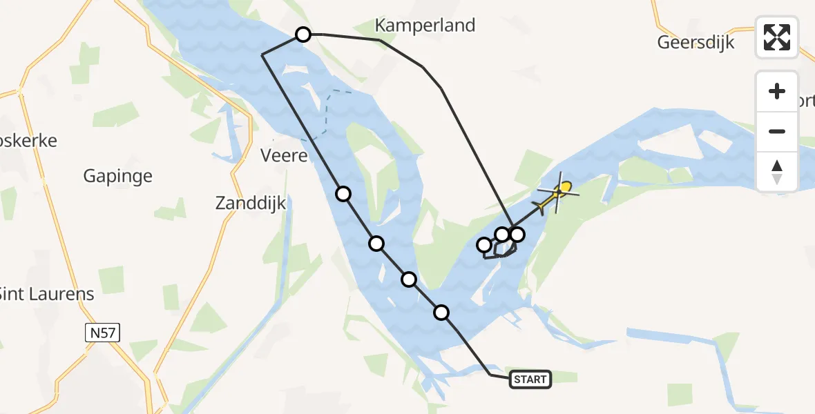 Routekaart van de vlucht: Kustwachthelikopter naar Wolphaartsdijk, Calandweg