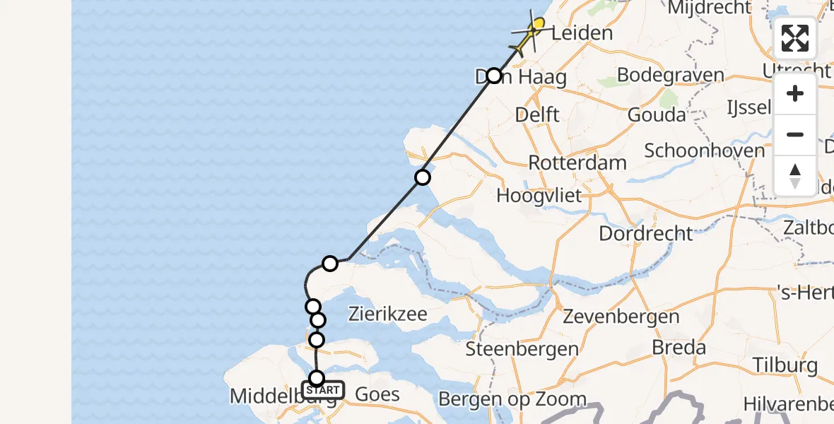 Routekaart van de vlucht: Politieheli naar Wassenaar, Oranjeplaatweg
