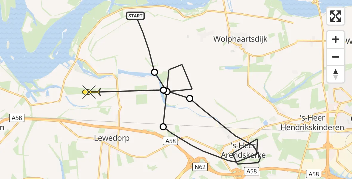 Routekaart van de vlucht: Kustwachthelikopter naar Vliegveld Midden-Zeeland, Egbert Petruspolderweg