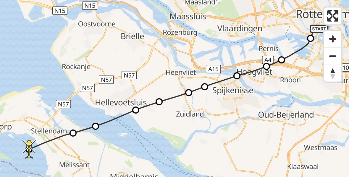Routekaart van de vlucht: Lifeliner 2 naar Goedereede, Westzeedijk