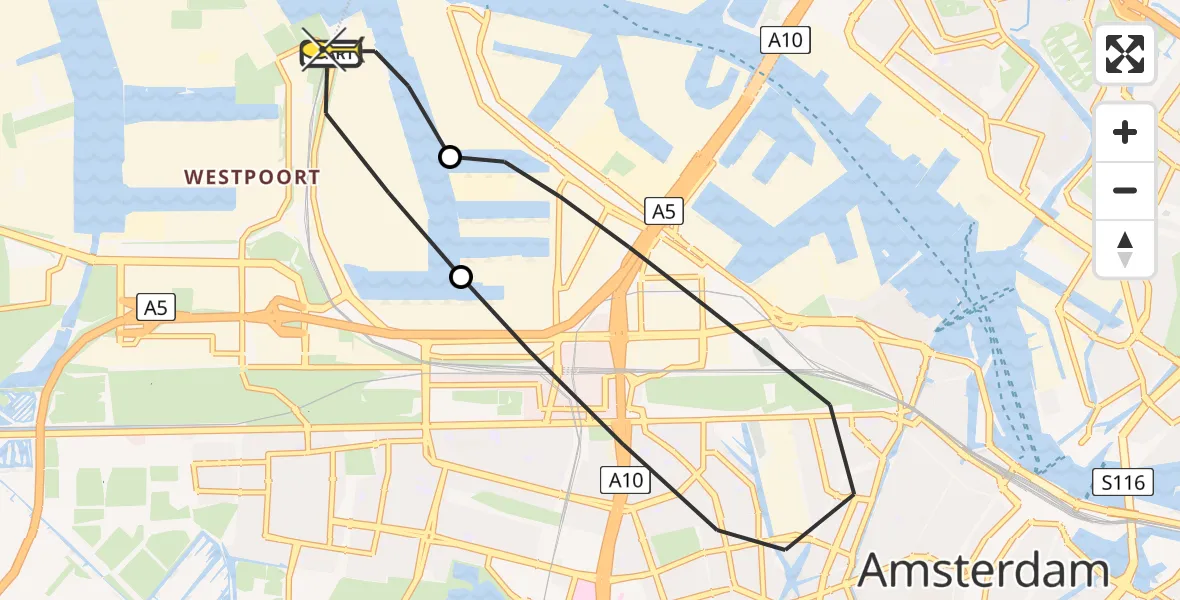 Routekaart van de vlucht: Lifeliner 1 naar Amsterdam Heliport, Corsicaweg