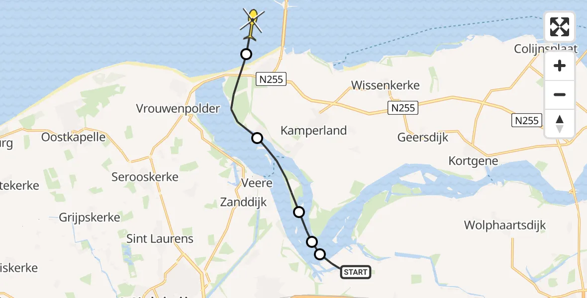 Routekaart van de vlucht: Politiehelikopter naar Vrouwenpolder, Zeekraal