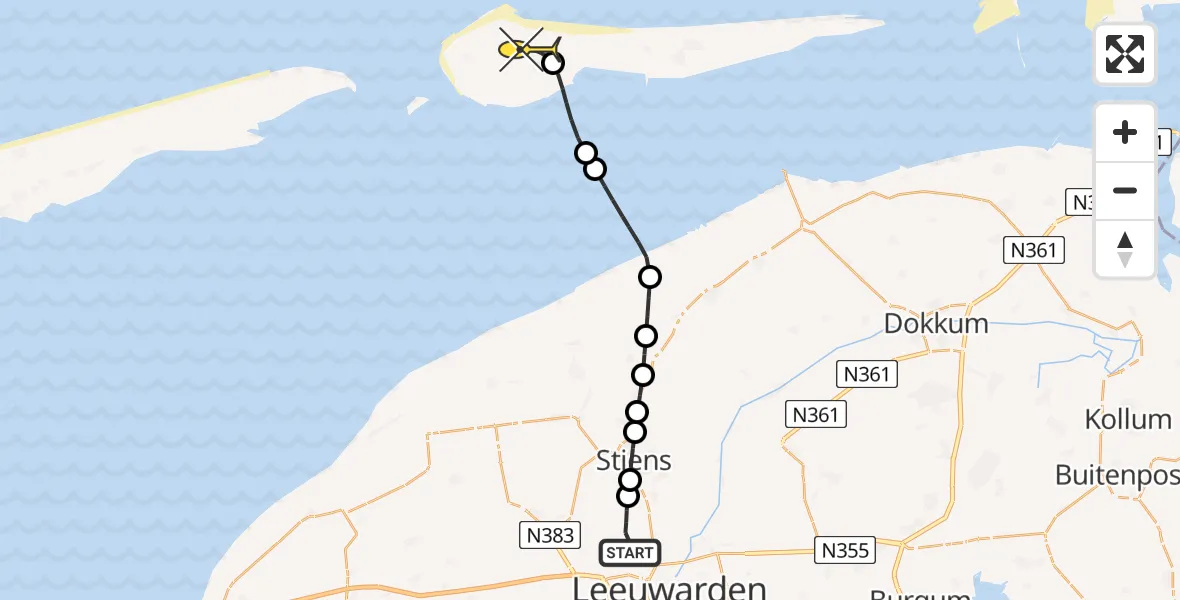 Routekaart van de vlucht: Ambulanceheli naar Ameland Airport Ballum, Keegsdijkje