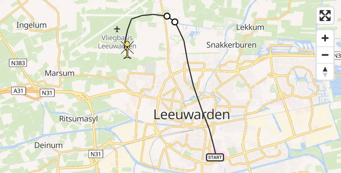 Routekaart van de vlucht: Ambulanceheli naar Vliegbasis Leeuwarden, Sixmastraat