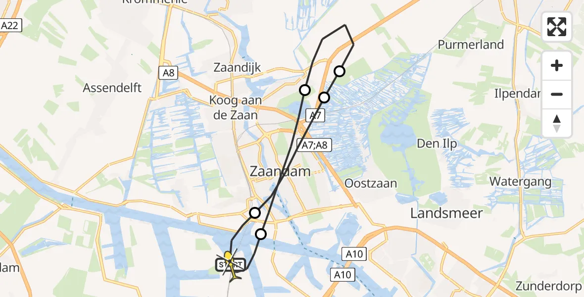 Routekaart van de vlucht: Lifeliner 1 naar Amsterdam Heliport, Grote Tocht