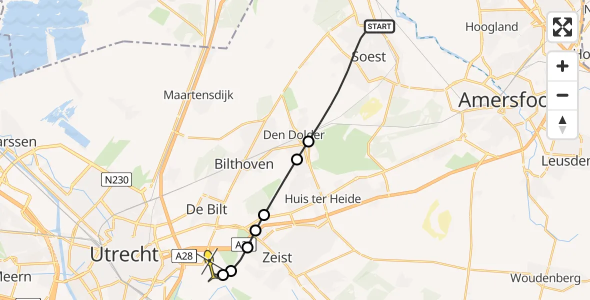 Routekaart van de vlucht: Lifeliner 1 naar Universitair Medisch Centrum Utrecht, Hellingweg