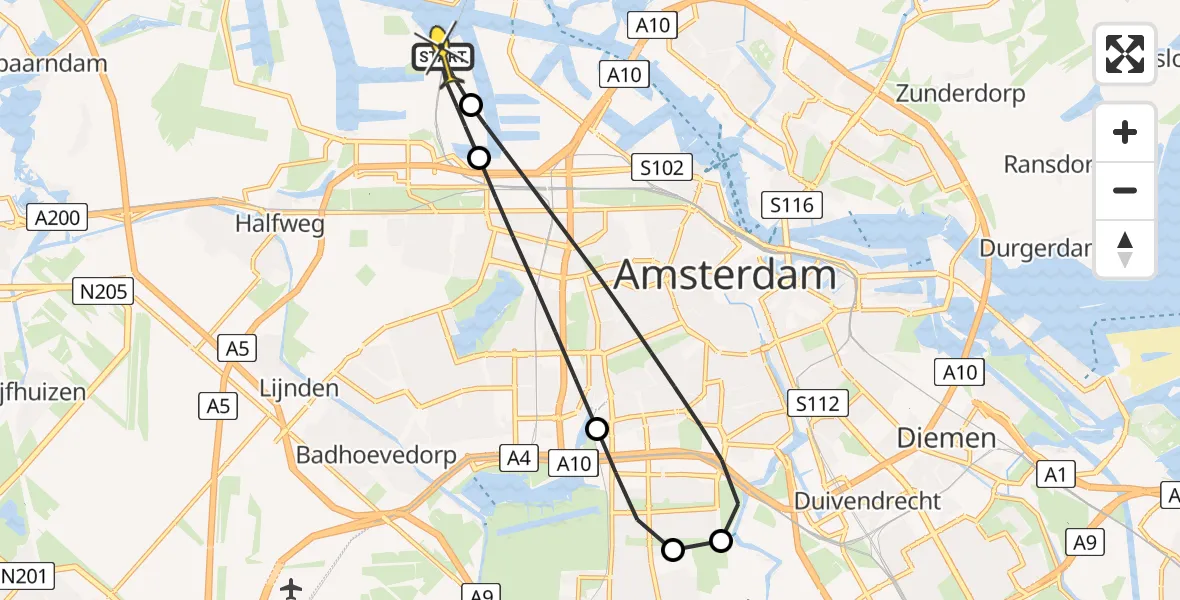 Routekaart van de vlucht: Lifeliner 1 naar Amsterdam Heliport, Corsicaweg